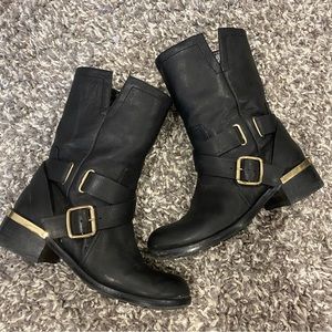 Vince Camuto black leather motoboots